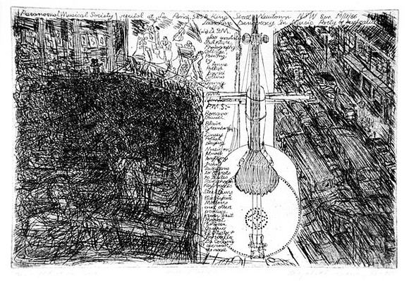 Artist: b'Rooney, Elizabeth.' | Title: b'One night at La Pena' | Date: 1986-90 | Technique: b'etching and aquatint printed in black ink with plate-tone, from one plate' Artist: b'Rooney, Elizabeth.' | Title: b'One night at La Pena' | Date: 1986-90 | Technique: b'etching and aquatint printed in black ink with plate-tone, from one plate'
