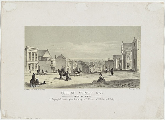 Artist: b'Turner, Charles.' | Title: b'Collins Street, Looking West.' | Date: c.1853 | Technique: b'lithograph, printed in black ink, from one stone; cream tint-stone' Artist: b'Turner, Charles.' | Title: b'Collins Street, Looking West.' | Date: c.1853 | Technique: b'lithograph, printed in black ink, from one stone; cream tint-stone'