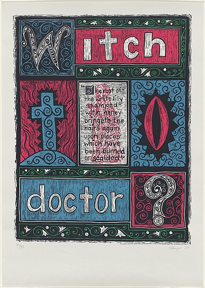 Artist: b'Ranger, Cindy.' | Title: b'Witch doctor?' | Date: 1994 | Technique: b'screenprint, printed in colour, from four stencils' Artist: b'Ranger, Cindy.' | Title: b'Witch doctor?' | Date: 1994 | Technique: b'screenprint, printed in colour, from four stencils'