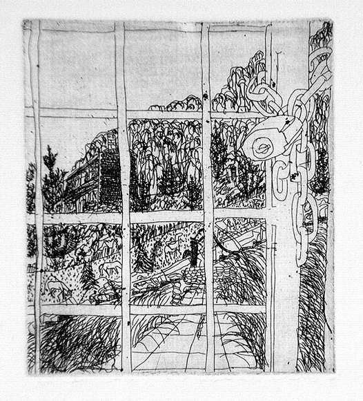 Artist: b'Rooney, Elizabeth.' | Title: b'(Padlocked gate)' | Date: 1975 | Technique: b'etching, printed in black ink with plate-tone, from one copper plate' Artist: b'Rooney, Elizabeth.' | Title: b'(Padlocked gate)' | Date: 1975 | Technique: b'etching, printed in black ink with plate-tone, from one copper plate'