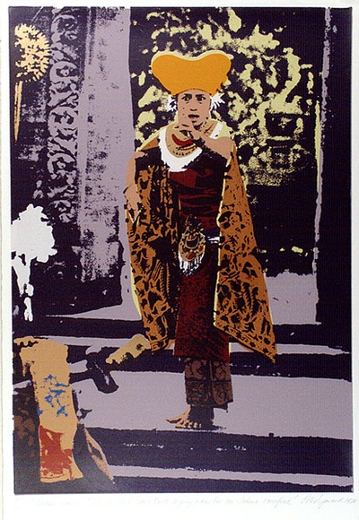 Artist: b'Upward, Peter.' | Title: b'The bewitched Devi Kunti angrily orders her son Sadewa sacrificed' | Date: 1974 | Technique: b'screenprint, printed in colour, from 13 stencils'