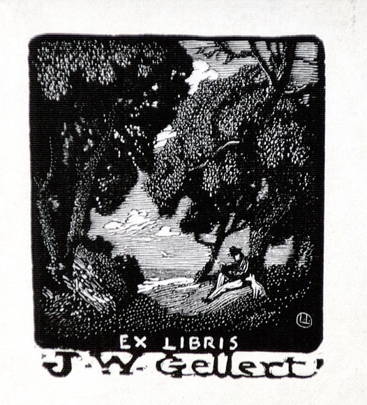 Artist: b'LINDSAY, Lionel' | Title: b'Bookplate: J.W. Gellert' | Date: 1923 | Technique: b'wood-engraving, printed in black ink, from one block' | Copyright: b'Courtesy of the National Library of Australia' Artist: b'LINDSAY, Lionel' | Title: b'Bookplate: J.W. Gellert' | Date: 1923 | Technique: b'wood-engraving, printed in black ink, from one block' | Copyright: b'Courtesy of the National Library of Australia'