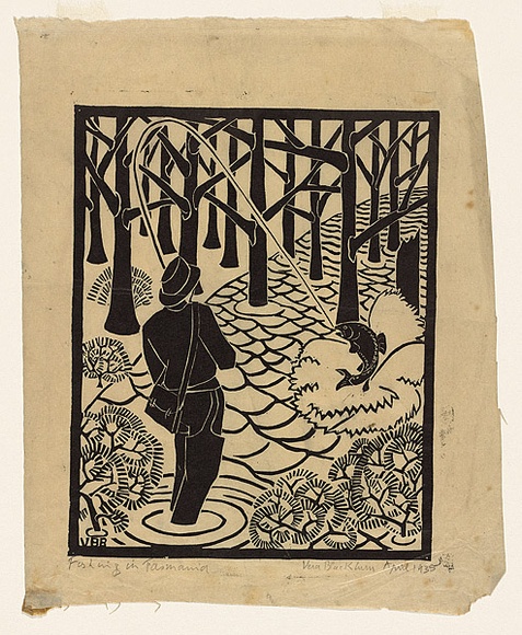 Artist: b'Blackburn, Vera.' | Title: b'Fishing in Tasmania.' | Date: 1935 | Technique: b'linocut, printed in black ink, from one block' | Copyright: b'\xc2\xa9 Vera Blackburn' Artist: b'Blackburn, Vera.' | Title: b'Fishing in Tasmania.' | Date: 1935 | Technique: b'linocut, printed in black ink, from one block' | Copyright: b'\xc2\xa9 Vera Blackburn'