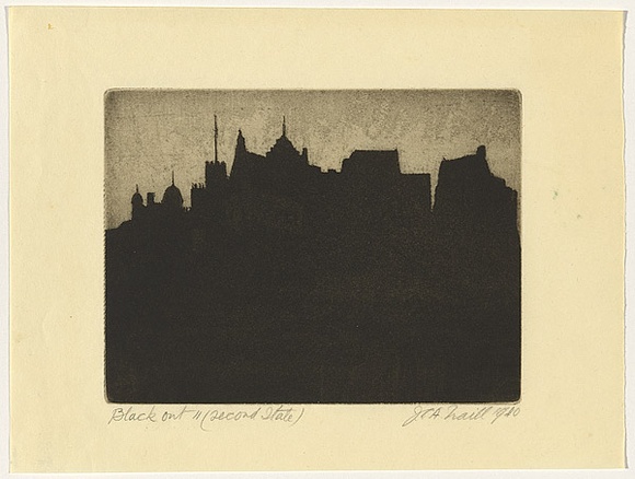 Artist: b'Traill, Jessie.' | Title: b'Black out.' | Date: 1940 | Technique: b'aquatint and etching, printed in black ink, from one plate' Artist: b'Traill, Jessie.' | Title: b'Black out.' | Date: 1940 | Technique: b'aquatint and etching, printed in black ink, from one plate'