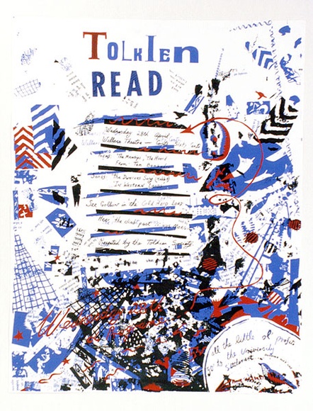 Artist: b'WORSTEAD, Paul' | Title: b'Tolkien Read - for the Tolkien Society at University.' | Date: 1976 | Technique: b'screenprint, printed in colour, from three stencils' | Copyright: b'This work appears on screen courtesy of the artist' Artist: b'WORSTEAD, Paul' | Title: b'Tolkien Read - for the Tolkien Society at University.' | Date: 1976 | Technique: b'screenprint, printed in colour, from three stencils' | Copyright: b'This work appears on screen courtesy of the artist'