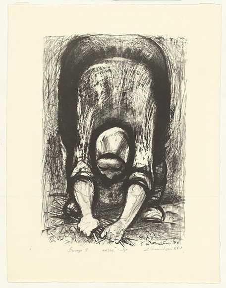 Artist: b'Counihan, Noel.' | Title: b'Woman gathering vine prunings.' | Date: 1981 | Technique: b'lithograph, printed in black ink, from one stone' Artist: b'Counihan, Noel.' | Title: b'Woman gathering vine prunings.' | Date: 1981 | Technique: b'lithograph, printed in black ink, from one stone'