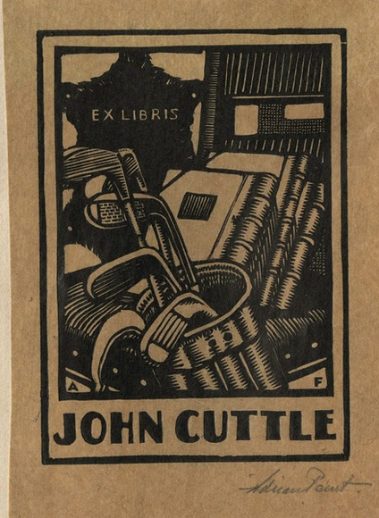 Artist: b'FEINT, Adrian' | Title: b'Bookplate: John Cuttle.' | Date: (1927) | Technique: b'wood-engraving, printed in black ink, from one block' | Copyright: b'Courtesy the Estate of Adrian Feint' Artist: b'FEINT, Adrian' | Title: b'Bookplate: John Cuttle.' | Date: (1927) | Technique: b'wood-engraving, printed in black ink, from one block' | Copyright: b'Courtesy the Estate of Adrian Feint'