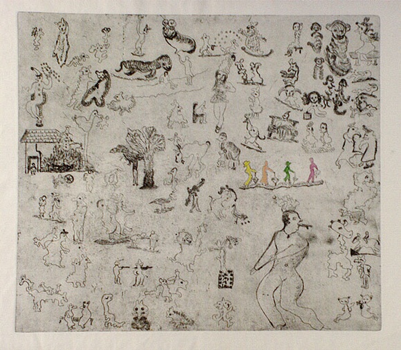 Artist: b'Shearer, Mitzi.' | Title: b'Bulliwutzies I' | Date: 1980 | Technique: b'etching, printed in black ink with plate-tone, from one  plate, hand-coloured'