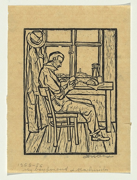 Artist: b'Groblicka, Lidia.' | Title: b'My boyfriend L Machnicki' | Date: 1955-56 | Technique: b'woodcut, printed in black ink, from one block' Artist: b'Groblicka, Lidia.' | Title: b'My boyfriend L Machnicki' | Date: 1955-56 | Technique: b'woodcut, printed in black ink, from one block'