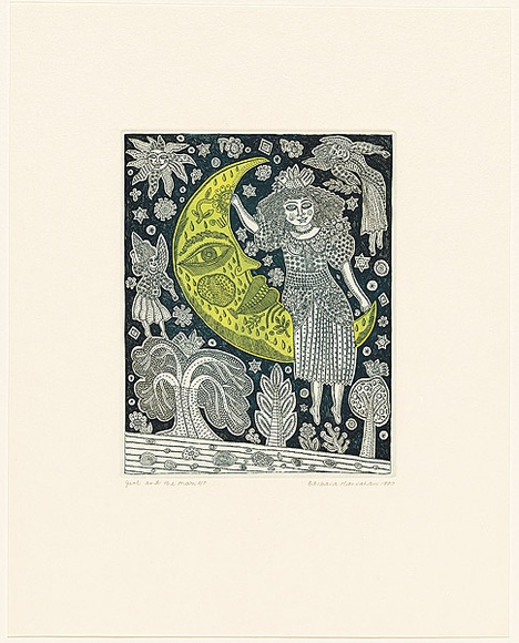 Artist: b'HANRAHAN, Barbara' | Title: b'Girl and the moon' | Date: 1990 | Technique: b'etching, printed in green with plate-tone from one plate' Artist: b'HANRAHAN, Barbara' | Title: b'Girl and the moon' | Date: 1990 | Technique: b'etching, printed in green with plate-tone from one plate'