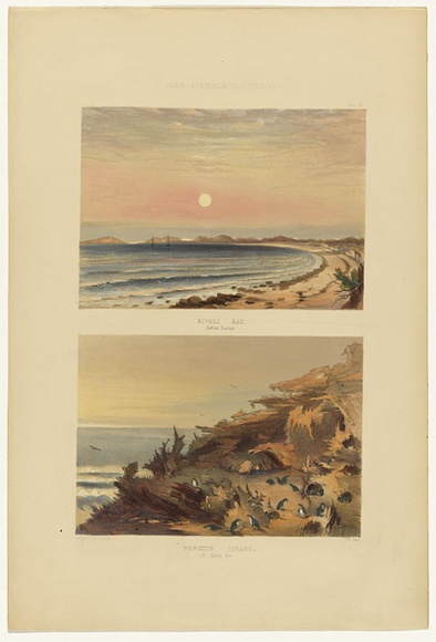 Artist: b'Angas, George French.' | Title: b'Rivoli Bay before sunrise; Penguin Island, off Rivoli Bay.' | Date: 1846-47 | Technique: b'lithograph, printed in colour, from multiple stones; varnish highlights by brush' Artist: b'Angas, George French.' | Title: b'Rivoli Bay before sunrise; Penguin Island, off Rivoli Bay.' | Date: 1846-47 | Technique: b'lithograph, printed in colour, from multiple stones; varnish highlights by brush'