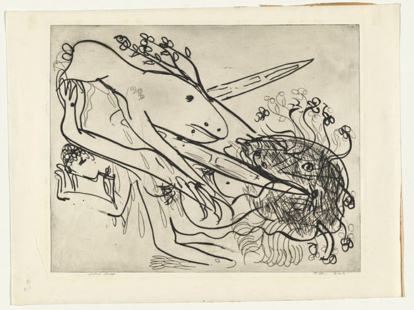 Artist: b'BOYD, Arthur' | Title: b'Dog with crutches and falling figure.' | Date: (1968-69) | Technique: b'etching, printed in black ink, from one plate' | Copyright: b'Reproduced with permission of Bundanon Trust' Artist: b'BOYD, Arthur' | Title: b'Dog with crutches and falling figure.' | Date: (1968-69) | Technique: b'etching, printed in black ink, from one plate' | Copyright: b'Reproduced with permission of Bundanon Trust'