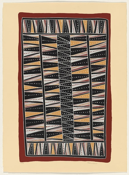 Artist: b'Bulunbulun, Johnny.' | Title: b'Lunggurrruma North-west wind' | Date: 2000 | Technique: b'screenprint, printed in colour, from multiple stencils' | Copyright: b'\xc2\xa9 Johnny Bulunbulun. Licensed by VISCOPY, Australia' Artist: b'Bulunbulun, Johnny.' | Title: b'Lunggurrruma North-west wind' | Date: 2000 | Technique: b'screenprint, printed in colour, from multiple stencils' | Copyright: b'\xc2\xa9 Johnny Bulunbulun. Licensed by VISCOPY, Australia'