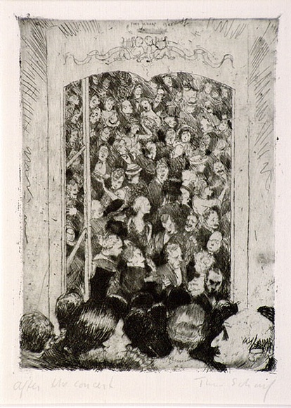 Artist: b'Scharf, Theo.' | Title: b'After the concert.' | Date: c.1922 | Technique: b'etching, printed in black ink, from one plate' | Copyright: b'\xc2\xa9 The Estate of Theo Scharf.' Artist: b'Scharf, Theo.' | Title: b'After the concert.' | Date: c.1922 | Technique: b'etching, printed in black ink, from one plate' | Copyright: b'\xc2\xa9 The Estate of Theo Scharf.'
