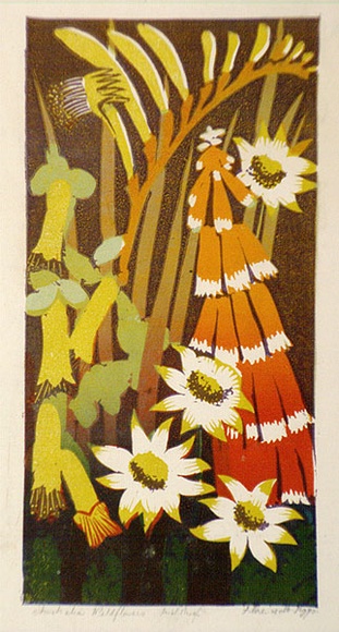 Artist: b'Higgs, Florence.' | Title: b'Australian wildflowers' | Date: c.1954 | Technique: b'linocut, printed in colour, from seven blocks' Artist: b'Higgs, Florence.' | Title: b'Australian wildflowers' | Date: c.1954 | Technique: b'linocut, printed in colour, from seven blocks'