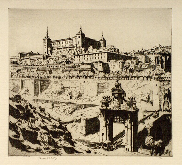 Artist: b'LINDSAY, Lionel' | Title: b'Toledo, Spain' | Date: 1927 | Technique: b'drypoint, printed in brown ink with plate-tone, from one plate' | Copyright: b'Courtesy of the National Library of Australia' Artist: b'LINDSAY, Lionel' | Title: b'Toledo, Spain' | Date: 1927 | Technique: b'drypoint, printed in brown ink with plate-tone, from one plate' | Copyright: b'Courtesy of the National Library of Australia'