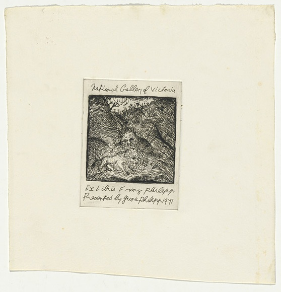 Artist: b'BOYD, Arthur' | Title: b'Book plate: Franz Philipp.' | Date: c.1971 | Technique: b'etching, printed in black ink, from one plate' | Copyright: b'Reproduced with permission of Bundanon Trust' Artist: b'BOYD, Arthur' | Title: b'Book plate: Franz Philipp.' | Date: c.1971 | Technique: b'etching, printed in black ink, from one plate' | Copyright: b'Reproduced with permission of Bundanon Trust'