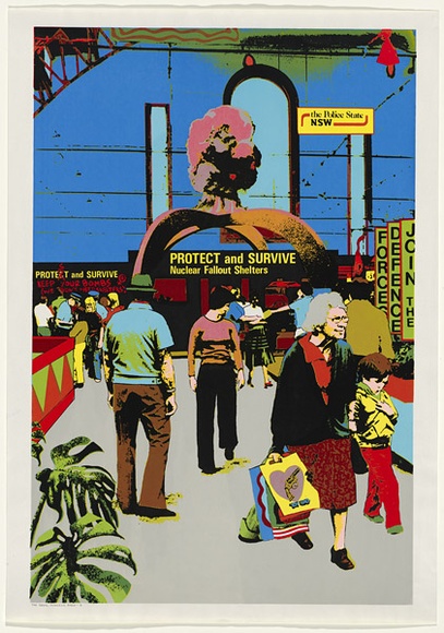 Artist: b'Robertson, Toni.' | Title: b'Protect and survive' | Date: 1981 | Technique: b'screenprint, printed in colour, from four hand-cut and three photo-stencils' | Copyright: b'\xc2\xa9 Toni Robertson' Artist: b'Robertson, Toni.' | Title: b'Protect and survive' | Date: 1981 | Technique: b'screenprint, printed in colour, from four hand-cut and three photo-stencils' | Copyright: b'\xc2\xa9 Toni Robertson'