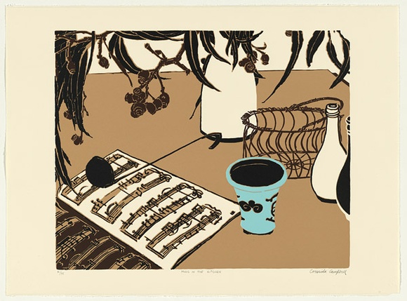 Artist: b'Campbell, Cressida.' | Title: b'Music in the kitchen.' | Date: 1994 | Technique: b'screenprint, printed in colour, from four stencils' | Copyright: b'\xc2\xa9 Cressida Campbell' Artist: b'Campbell, Cressida.' | Title: b'Music in the kitchen.' | Date: 1994 | Technique: b'screenprint, printed in colour, from four stencils' | Copyright: b'\xc2\xa9 Cressida Campbell'