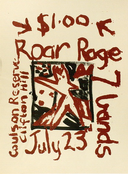 Artist: b'HOWSON, Mark' | Title: b'Roar Rage, Coulson Reserve, Clifton Hill' | Date: (1983) | Technique: b'screenprint, printed in black ink, from one screen; synthetic polymer paint additions' Artist: b'HOWSON, Mark' | Title: b'Roar Rage, Coulson Reserve, Clifton Hill' | Date: (1983) | Technique: b'screenprint, printed in black ink, from one screen; synthetic polymer paint additions'