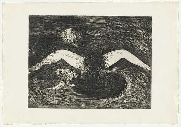 Artist: b'BOYD, Arthur' | Title: b'Crouching nude with frog.' | Date: 1962-63 | Technique: b'etching and aquatint, printed in black ink, from one plate' | Copyright: b'Reproduced with permission of Bundanon Trust'