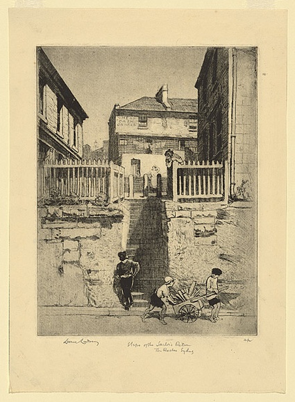 Artist: LINDSAY, Lionel | Title: Steps of the Sailor's Return, The Rocks, Sydney | Date: 1912 | Technique: etching and drypoint, printed in warm black ink with plate-tone, from one plate | Copyright: Courtesy of the National Library of Australia