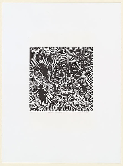 Artist: b'Wilfred, Rex.' | Title: b'Finish ceremony' | Date: c.2001 | Technique: b'linocut, printed in black ink, from one block' Artist: b'Wilfred, Rex.' | Title: b'Finish ceremony' | Date: c.2001 | Technique: b'linocut, printed in black ink, from one block'
