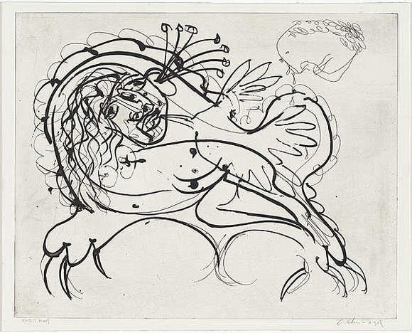 Artist: b'BOYD, Arthur' | Title: b'Figure on a couch with bouquet in ear.' | Date: (1968-69) | Technique: b'etching, printed in black ink, from one plate' | Copyright: b'Reproduced with permission of Bundanon Trust' Artist: b'BOYD, Arthur' | Title: b'Figure on a couch with bouquet in ear.' | Date: (1968-69) | Technique: b'etching, printed in black ink, from one plate' | Copyright: b'Reproduced with permission of Bundanon Trust'