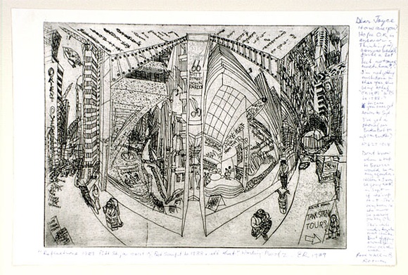 Artist: b'Rooney, Elizabeth.' | Title: b'Reflections 1989 Pitt Street, a sort of post script to 1988 and all that' | Date: 1989 | Technique: b'etching and aquatint printed in black ink with plate-tone, from one plate; pencil additions' Artist: b'Rooney, Elizabeth.' | Title: b'Reflections 1989 Pitt Street, a sort of post script to 1988 and all that' | Date: 1989 | Technique: b'etching and aquatint printed in black ink with plate-tone, from one plate; pencil additions'