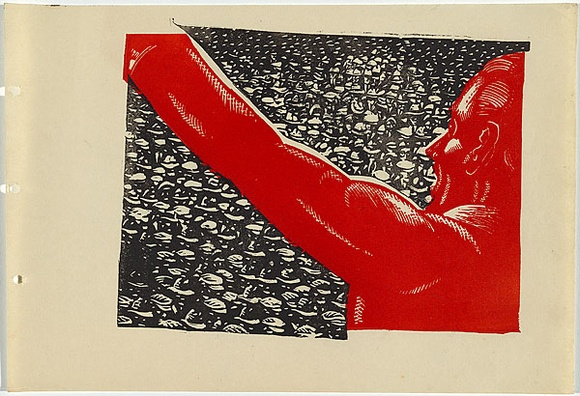 Artist: b'UNKNOWN, WORKER ARTISTS, SYDNEY, NSW' | Title: b'Not titled (speaker and crowd).' | Date: 1933 | Technique: b'linocut, printed in colour, from two blocks (black and red)' Artist: b'UNKNOWN, WORKER ARTISTS, SYDNEY, NSW' | Title: b'Not titled (speaker and crowd).' | Date: 1933 | Technique: b'linocut, printed in colour, from two blocks (black and red)'