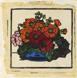 Artist: PRESTON, Margaret | Title: Hollyhocks | Date: 1928 | Technique: woodcut, printed in black ink, from one block; hand-coloured | Copyright: © Margaret Preston. Licensed by VISCOPY, Australia