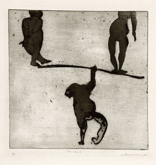 Artist: b'BALDESSIN, George' | Title: b'Acrobats.' | Date: 1964 | Technique: b'colour etching and aquatint printed in intaglio and in relief' Artist: b'BALDESSIN, George' | Title: b'Acrobats.' | Date: 1964 | Technique: b'colour etching and aquatint printed in intaglio and in relief'