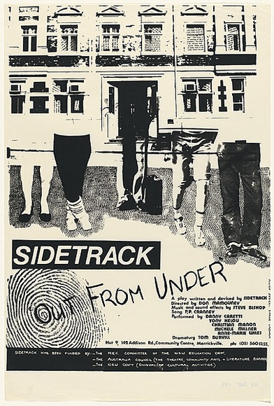 Artist: b'Lindhout, Simone.' | Title: b'Out from Under: A play writted and devised by Sidetrack Theatre' | Date: 1983 | Technique: b'screenprint, printed in black ink, from one stencil' Artist: b'Lindhout, Simone.' | Title: b'Out from Under: A play writted and devised by Sidetrack Theatre' | Date: 1983 | Technique: b'screenprint, printed in black ink, from one stencil'