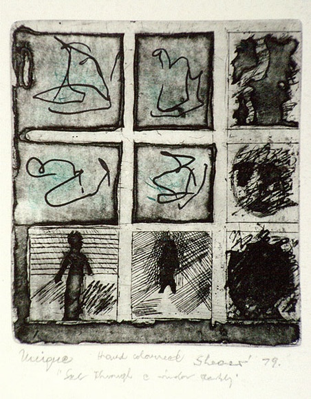 Artist: b'Shearer, Mitzi.' | Title: b'See through a window darkly' | Date: 1979 | Technique: b'etching and aquatint, printed in black ink, from one plate, hand-coloured' Artist: b'Shearer, Mitzi.' | Title: b'See through a window darkly' | Date: 1979 | Technique: b'etching and aquatint, printed in black ink, from one plate, hand-coloured'