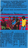 Artist: b'REDBACK GRAPHIX' | Title: b'Cassette cover: Warumpi Band Jailanguru Pakarnu' | Date: 1980-94 | Technique: b'screenprint, printed in colour, from four stencils'