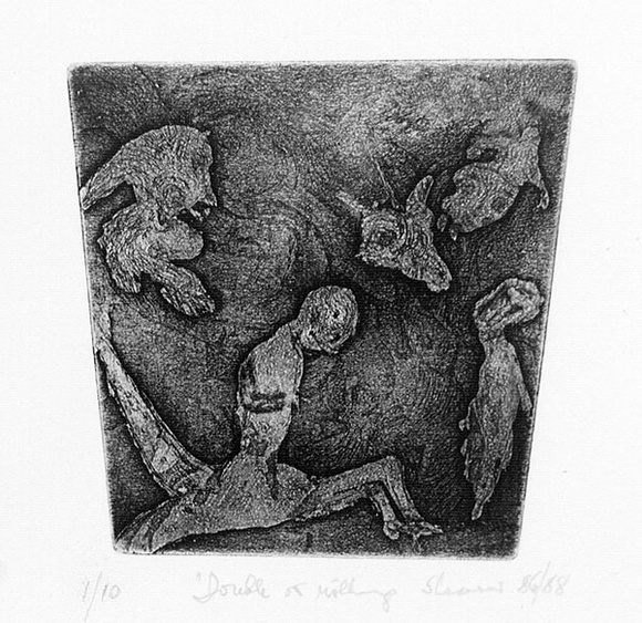 Artist: b'Shearer, Mitzi.' | Title: b'Double or nothing' | Date: 1986 | Technique: b'etching and aquatint, printed in black ink, from one plate' Artist: b'Shearer, Mitzi.' | Title: b'Double or nothing' | Date: 1986 | Technique: b'etching and aquatint, printed in black ink, from one plate'