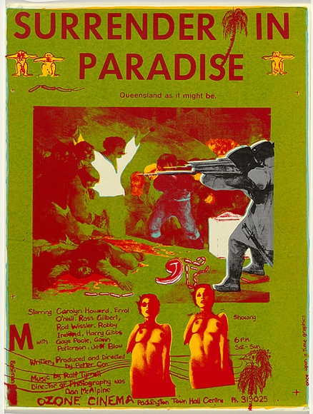 Artist: b'Cowper, Martin.' | Title: b'Surrender in paradise...Queensland as it might be.' | Date: 1978 | Technique: b'screenprint, printed in colour, from five stencils' Artist: b'Cowper, Martin.' | Title: b'Surrender in paradise...Queensland as it might be.' | Date: 1978 | Technique: b'screenprint, printed in colour, from five stencils'