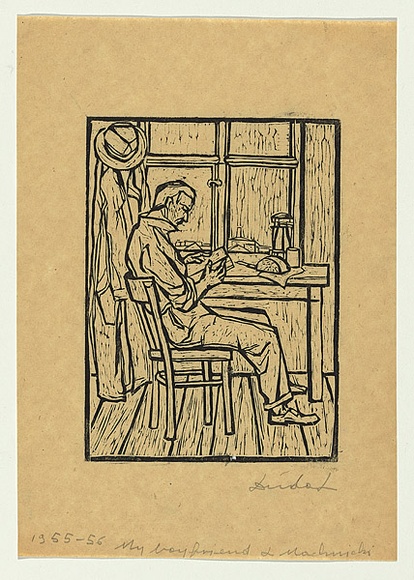 Artist: b'Groblicka, Lidia.' | Title: b'My boyfriend L Machnicki' | Date: 1955-56 | Technique: b'woodcut, printed in black ink, from one block' Artist: b'Groblicka, Lidia.' | Title: b'My boyfriend L Machnicki' | Date: 1955-56 | Technique: b'woodcut, printed in black ink, from one block'