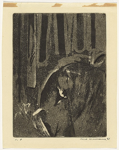 Artist: b'WILLIAMS, Fred' | Title: b'The forest pond' | Date: 1959-60 | Technique: b'etching, engraving, drypoint and aquatint, printed in black ink, from one copper plate' | Copyright: b'\xc2\xa9 Fred Williams Estate' Artist: b'WILLIAMS, Fred' | Title: b'The forest pond' | Date: 1959-60 | Technique: b'etching, engraving, drypoint and aquatint, printed in black ink, from one copper plate' | Copyright: b'\xc2\xa9 Fred Williams Estate'