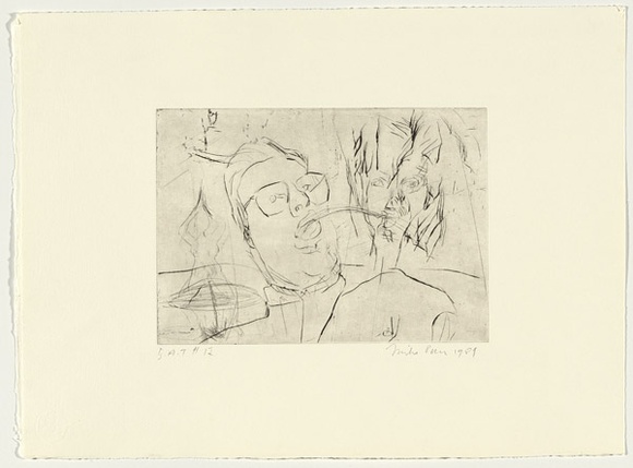 Artist: b'PARR, Mike' | Title: b'Gun into vanishing point 17' | Date: 1988-89 | Technique: b'drypoint and foul biting, printed in black ink, from one copper plate' Artist: b'PARR, Mike' | Title: b'Gun into vanishing point 17' | Date: 1988-89 | Technique: b'drypoint and foul biting, printed in black ink, from one copper plate'