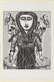 Artist: Mantzaris, Diane. | Title: not titled [Woman with roses]. | Date: 1987 | Technique: lithograph from computer-generated image, printed in black ink, from one plate