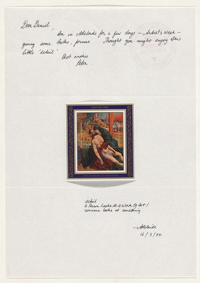 Artist: b'TYNDALL, Peter' | Title: b'Detail, a person looks at a work of art / someone looks at something' | Date: 1984 | Technique: b'offset-lithograph, printed in colour,from multiple plates; pen and ink' Artist: b'TYNDALL, Peter' | Title: b'Detail, a person looks at a work of art / someone looks at something' | Date: 1984 | Technique: b'offset-lithograph, printed in colour,from multiple plates; pen and ink'