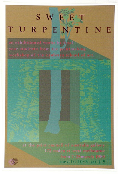 Artist: b'Gregory, Rodney.' | Title: b'Sweet turpentine' | Date: 1988 | Technique: b'screenprint, printed in colour, from multiple stencils' Artist: b'Gregory, Rodney.' | Title: b'Sweet turpentine' | Date: 1988 | Technique: b'screenprint, printed in colour, from multiple stencils'