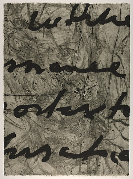 Artist: b'PARR, Mike' | Title: b'Language and chaos 12.' | Date: 1990 | Technique: b'drypoint, electric grinder and burnishing, printed in black ink, from one copper plate; over printed with lift ground aquatint, printed in black ink, from one steel plate' Artist: b'PARR, Mike' | Title: b'Language and chaos 12.' | Date: 1990 | Technique: b'drypoint, electric grinder and burnishing, printed in black ink, from one copper plate; over printed with lift ground aquatint, printed in black ink, from one steel plate'