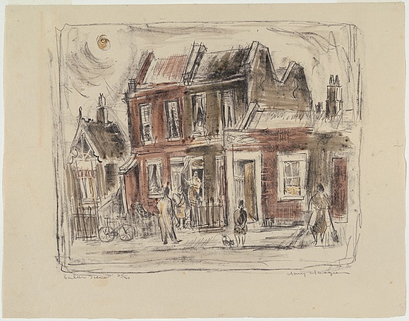 Artist: b'MACQUEEN, Mary' | Title: b'Carlton scene' | Date: 1956 | Technique: b'lithograph, printed in black ink, from one plate; hand-coloured' | Copyright: b'Courtesy Paulette Calhoun, for the estate of Mary Macqueen' Artist: b'MACQUEEN, Mary' | Title: b'Carlton scene' | Date: 1956 | Technique: b'lithograph, printed in black ink, from one plate; hand-coloured' | Copyright: b'Courtesy Paulette Calhoun, for the estate of Mary Macqueen'