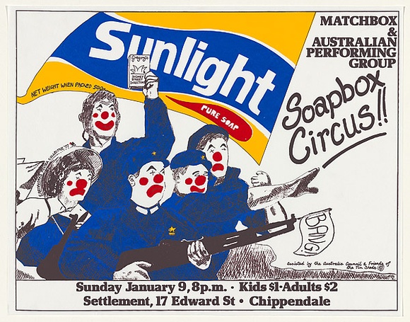 Artist: b'EARTHWORKS POSTER COLLECTIVE' | Title: b'Sunlight Soapbox Circus!' | Date: 1977 | Technique: b'screenprint, printed in colour, from four stencils' Artist: b'EARTHWORKS POSTER COLLECTIVE' | Title: b'Sunlight Soapbox Circus!' | Date: 1977 | Technique: b'screenprint, printed in colour, from four stencils'