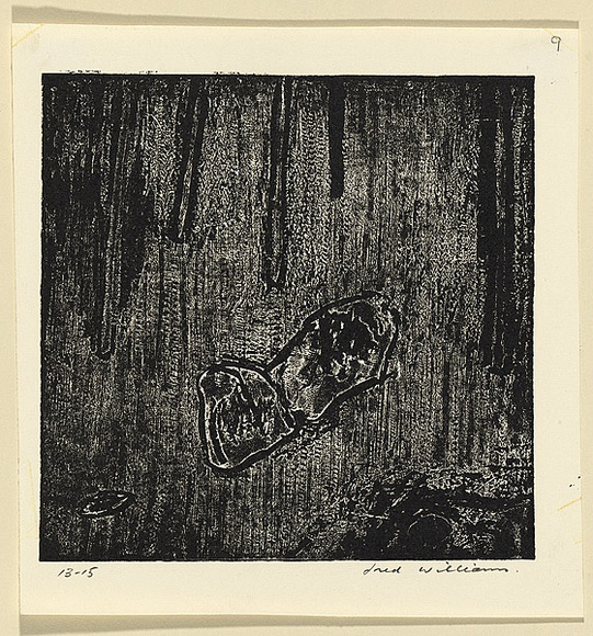 Artist: b'WILLIAMS, Fred' | Title: b'Rocks in the forest, Mittagong' | Date: 1958 | Technique: b'etching, printed in relief in black ink, from one plate' | Copyright: b'\xc2\xa9 Fred Williams Estate' Artist: b'WILLIAMS, Fred' | Title: b'Rocks in the forest, Mittagong' | Date: 1958 | Technique: b'etching, printed in relief in black ink, from one plate' | Copyright: b'\xc2\xa9 Fred Williams Estate'