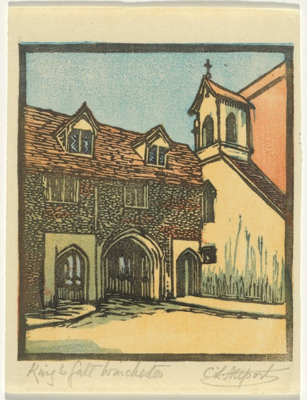 Artist: b'Allport, C.L.' | Title: bKing's Gate, Winchester. | Date: c.1928 | Technique: b'linocut, printed in colour, from multiple blocks' Artist: b'Allport, C.L.' | Title: bKing's Gate, Winchester. | Date: c.1928 | Technique: b'linocut, printed in colour, from multiple blocks'