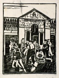 Artist: Kohlhagen, Lisette. | Title: Covent Gardens market | Date: 1960(?) | Technique: linocut, printed in black ink, from one block | Copyright: © Lisette Kohlhagen. Licensed by VISCOPY, Australia