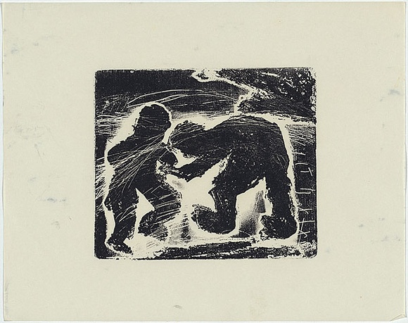 Artist: b'MADDOCK, Bea' | Title: b'Fighting figures' | Date: 1963 | Technique: b'relief-etching, from one copper plate; woodcut, from three blocks' Artist: b'MADDOCK, Bea' | Title: b'Fighting figures' | Date: 1963 | Technique: b'relief-etching, from one copper plate; woodcut, from three blocks'